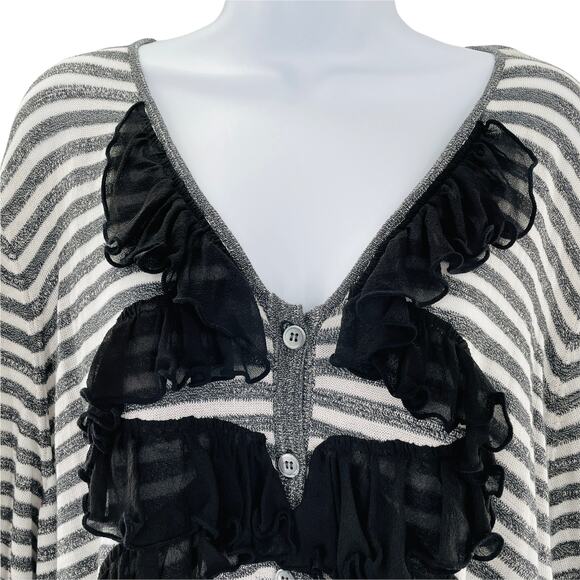 Doncaster Gray White Stripe Zig Zag Silk Trim Button Down Silk Cardigan Plus 3W - Picture 4 of 10